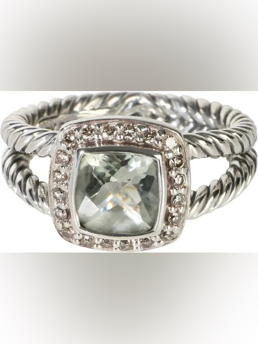 David Yurman Sterling Silver Petite Albion Ring Prasiolite Green Amethyst Diamon